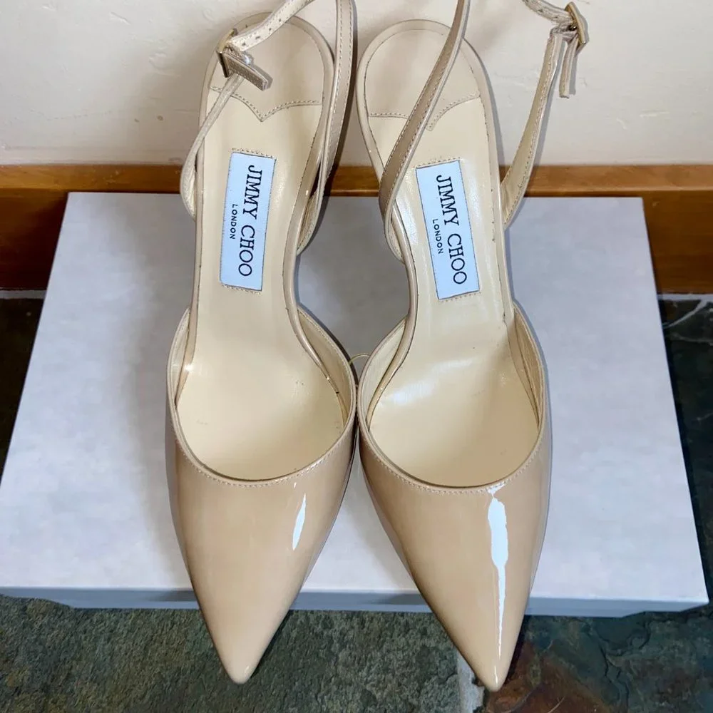 Jimmy Choo Women's Nude Tilly Patent Leather Sling-Back Pumps | Size 39.5 (US 9) - Picture 6 of 9